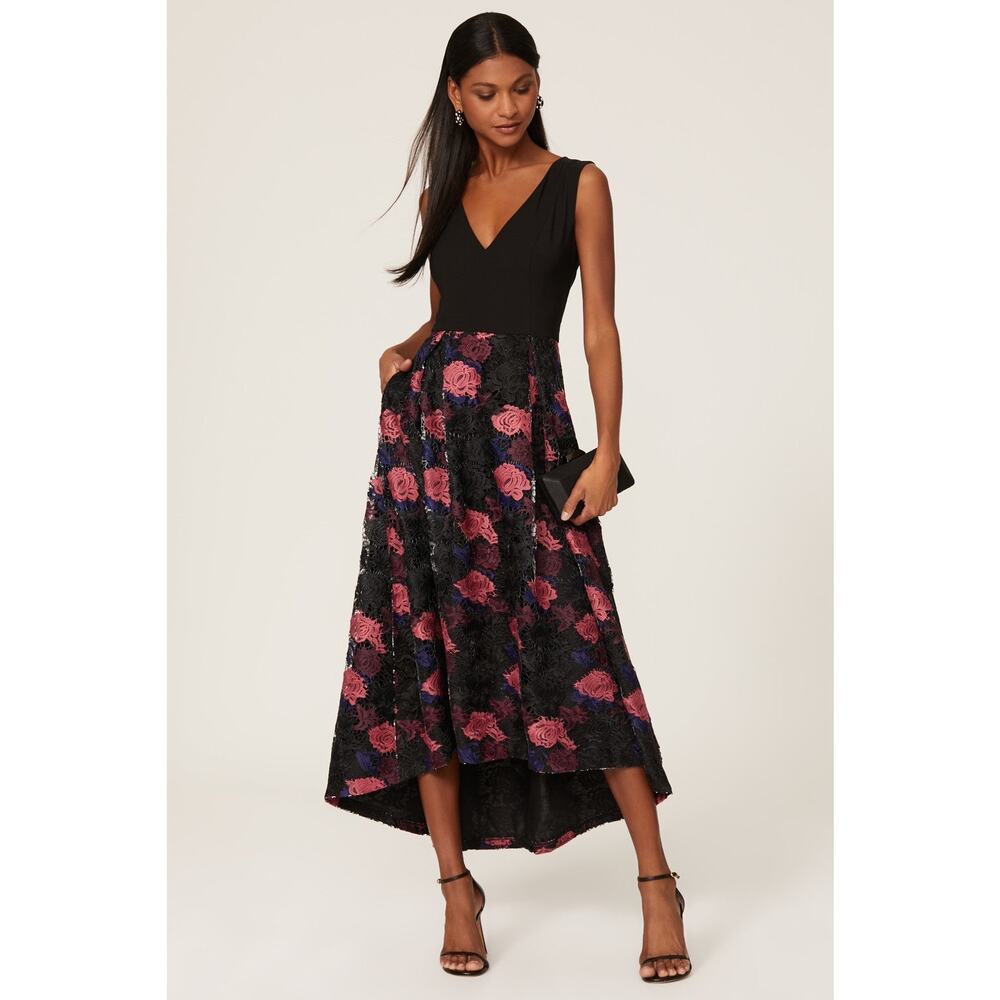 HUTCH Black Purple Floral Lace Skirt V-Neck Plunging High-Low Dress Size 4